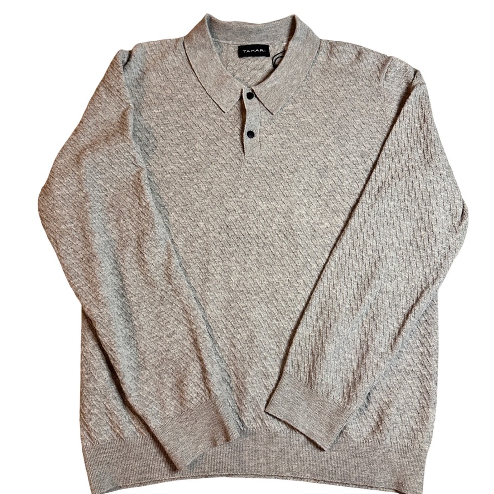 Tahari Wool Blend Gray Polo Long Sleeve Sweater Mens Small NWT